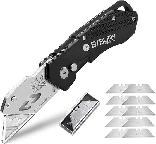 Utility Knife, BIBURY Upgraded Version Heavy Duty Box Cutter, Pocket Carpet knife with 10 Replaceable SK5 Stainless Steel Blades, Belt Clip, Easy Release Button, Quick Change and Safety Lock-Black