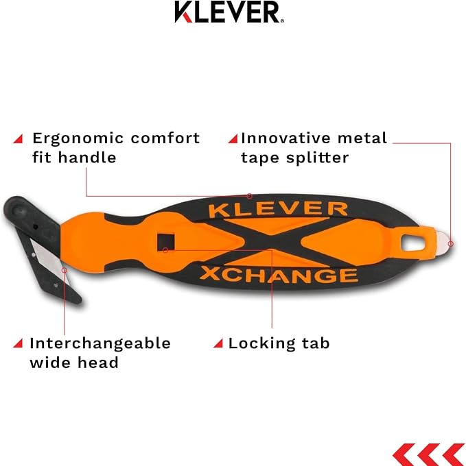 XChange Box Cutter, Klever Kutter Package Opener Wide Cut Head, Ergonomic Soft Touch Handle Utility Knife, Cuts Thicker Substrates, Boxes, Film, Tape and More, Orange, 10 Pack (KCJ-XC-30G)