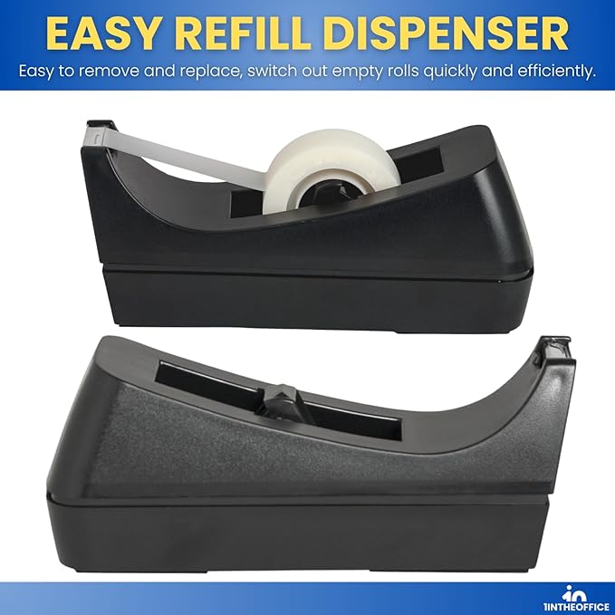 1InTheOffice Tape Dispenser Desk, Weighted Nonskid Base, 1 Inch Core, Black, 3 Pack