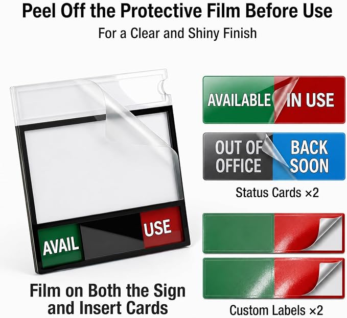 Office Door Sign, Conference Room Door Sign, In a Meeting & Do Not Disturb Status Sign, Out of Office, Available & In Use Messages, Writable Whiteboard with Insert Slot, 8 Status Options, Self-Adhesive (Black)