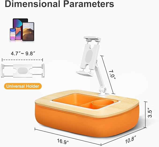 Tablet Pillow Stand for Lap Use with Snack Bowl and 360° Rotating Arm, Adjustable iPad Holder for Bed, Couch, and Recliner, Compatible with 4.7"-13" Kindle, iPad, Tablet, Phone,Orange