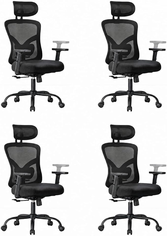 Marsail Ergonomic Office Chair Ergonomic Gaming Chair with Lumbar Support, 2D Headrest, Adjustable Armrests, Contoured Seat Cushion, Computer Desk Chair with Wheels for Home and Office, Pack of 4