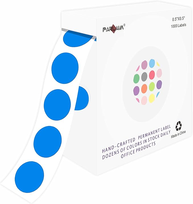 PARLAIM 1000pcs 1/2 Inch Blue Round Color Codding Labels on a Roll, Permanent Circle Dot Stickers in Plastic Dispenser Box, 0.5 inch Diameter for Home