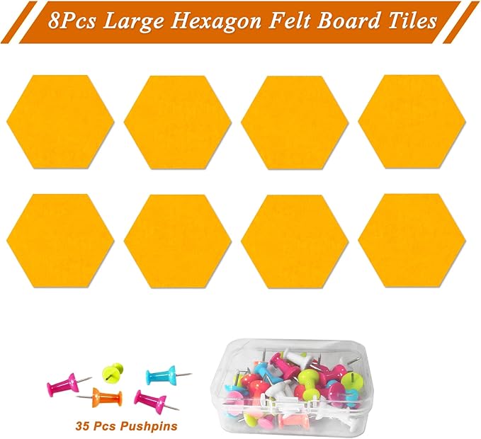 Large Hexagon Felt Cork Board Tiles, Self Adhesive DIY Felt Bulletin Board Pin Board with 35 Pushpins for Office School Home Wall Decor Stickers Memos Photos Display(Light Orange)