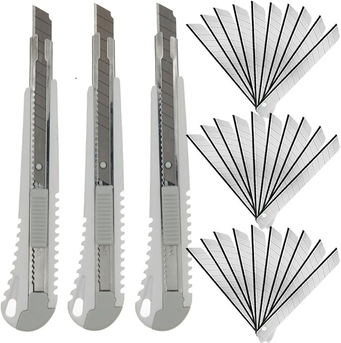 9mm Snap Off Utility Knife 3 Pack High Hardness Retractable Box Cutters with 30 Pcs Snap Off Blades,Package Cutter 9mm Knife for Home Office Workstation,White
