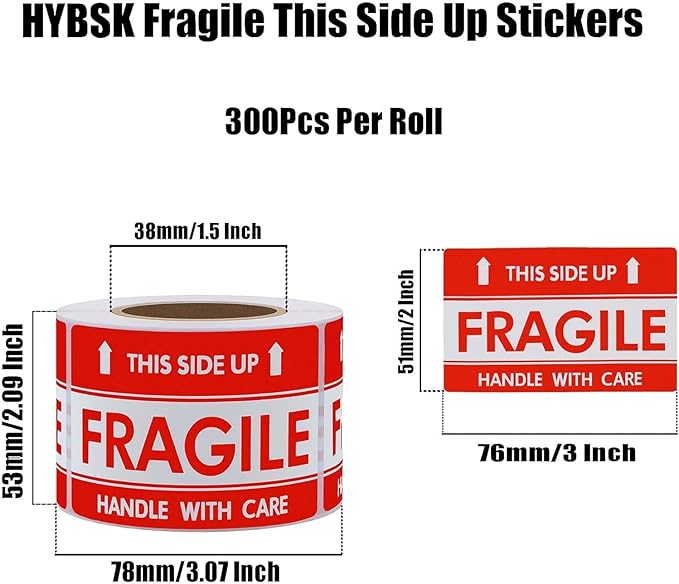 Hybsk This Side Up Fragile Stickers 2x3 Inch Handle with Care Shiping and Packing Warning Adhesive Label 300 Per Roll (2x3 inch)