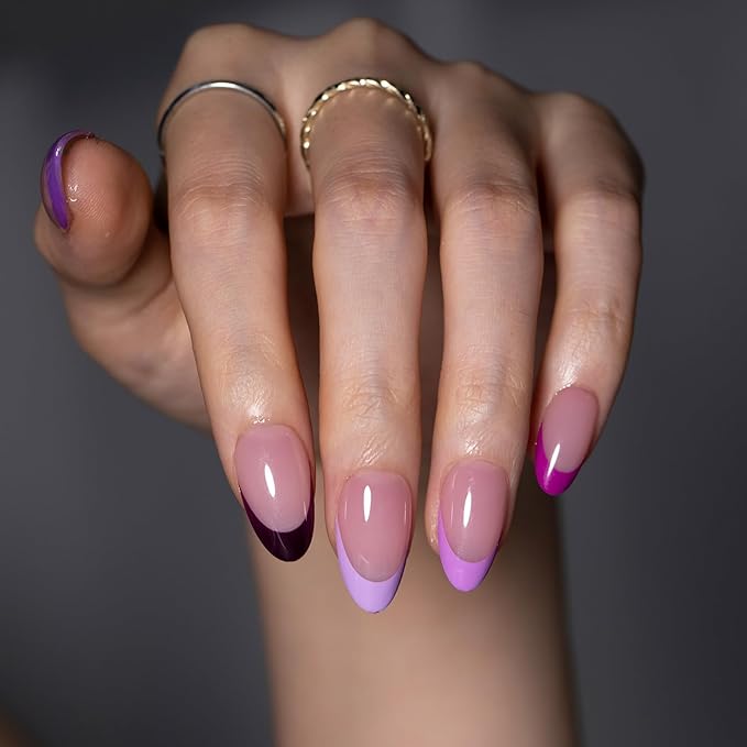 SXC Cosmetics French Tip Press On Nails 150 Pieces in 15 Sizes Ultra Fit with Pre-applied Tip Primer and Base Coat, No Need to File Fake Nails for Nail Art DIY X-Pro Tips (5PURPLE114-S Almond)