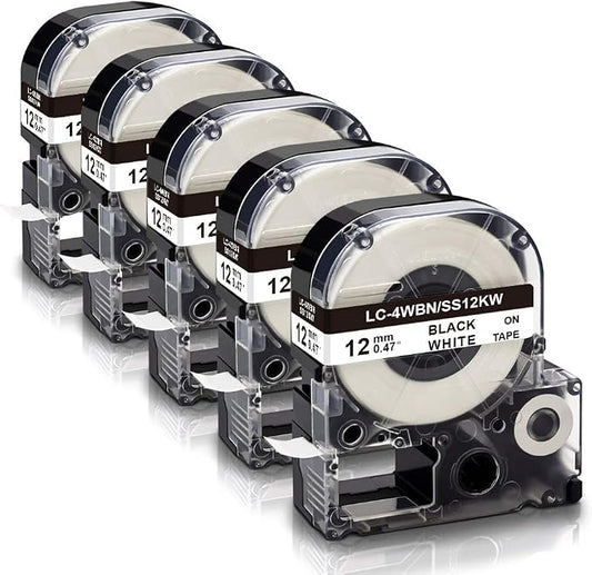 Compatible for Epson Label Maker Tape LK-4WBN LC-4WBN 12mm White 5-Pack | LC 4WBN9 SS12KW 1/2" Black on White 0.47" Label Tape Work for Epson LabelWorks LW300 LW400 LW500 LW700 LW-K200PX Label Maker