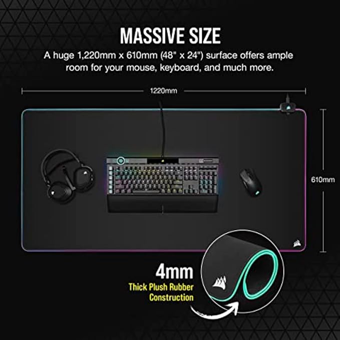 Corsair MM700 RGB Extended 3XL Cloth Gaming Mouse Pad/Desk Mat - Massive 1,220mm x 610mm (48” x 24”) Cloth Surface, 360° Three-Zone RGB Lighting, Two USB Ports - Black