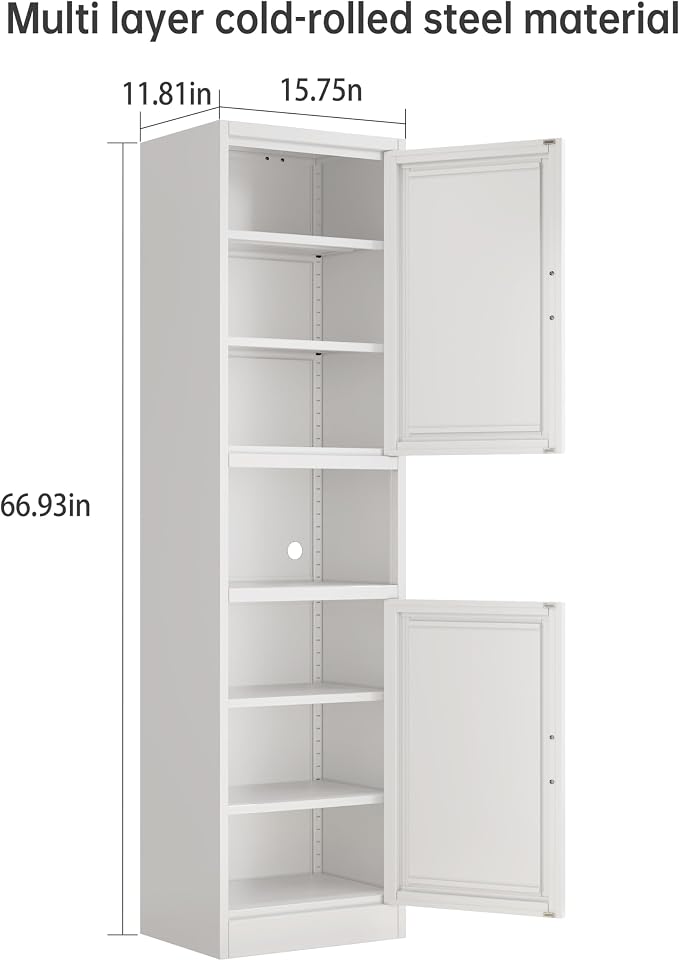 67" H Metal Tall Narrow Storage Cabinet, Freestanding Floor Cabinet with 2 Doors and Adjustable Shelves, Pantry Storage Cabinets for Bathroom, Living Room, Entryway and Kitchen