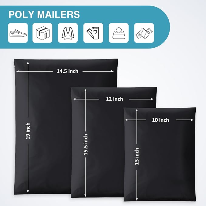 UCGOU 30 Pack Not Padded Black Poly Mailers Variety Pack, 10x13 Inch & 12x15.5 Inch & 14.5x19 Inch, Shipping Bag for Clothing Self-sealing Adhesive Poly Mailers Assorted Sizes for Small Business