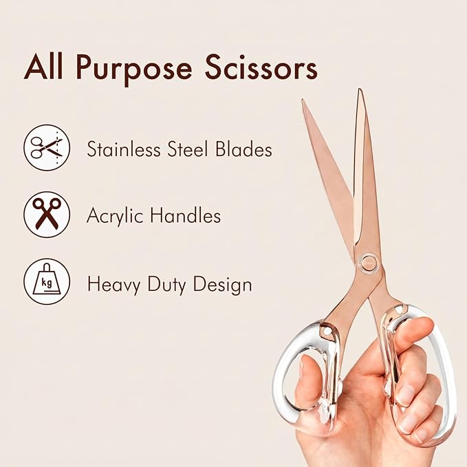 9” Stainless Steel Acrylic Scissors, Clear with Rose Gold Metal | Aesthetic and sharp all purpose scissors, Perfect for sewing, arts, and crafts, Stationery tools for office, and school