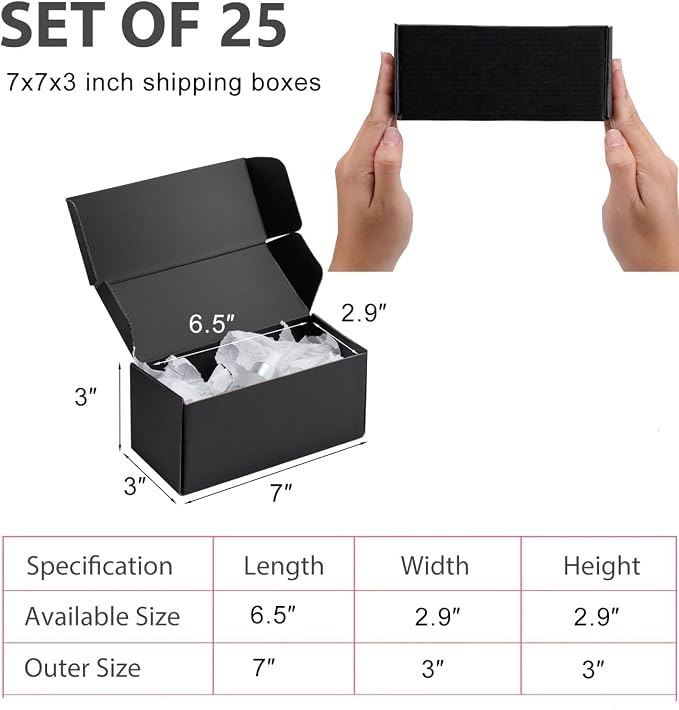 7x3x3 inch Black Shipping Boxes for Small Business- Set of 25 | Sturdy ECT 32 Corrugated Cardboard Mailer Boxes, Easy Assemble for Packaging, Mailing, Gift