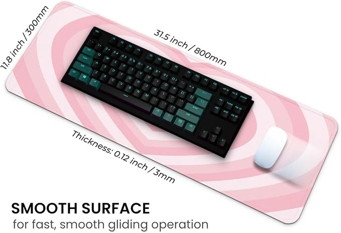 MAY FLOWER Large Gaming Mouse Pad, Full Keyboard Mat, Long Laptop Mousepad, Computer Mouse Mat for Home and Office, Anti-Slip Rubber Base, 31.5 x 11.8 Inches (Pink Loving Heart)
