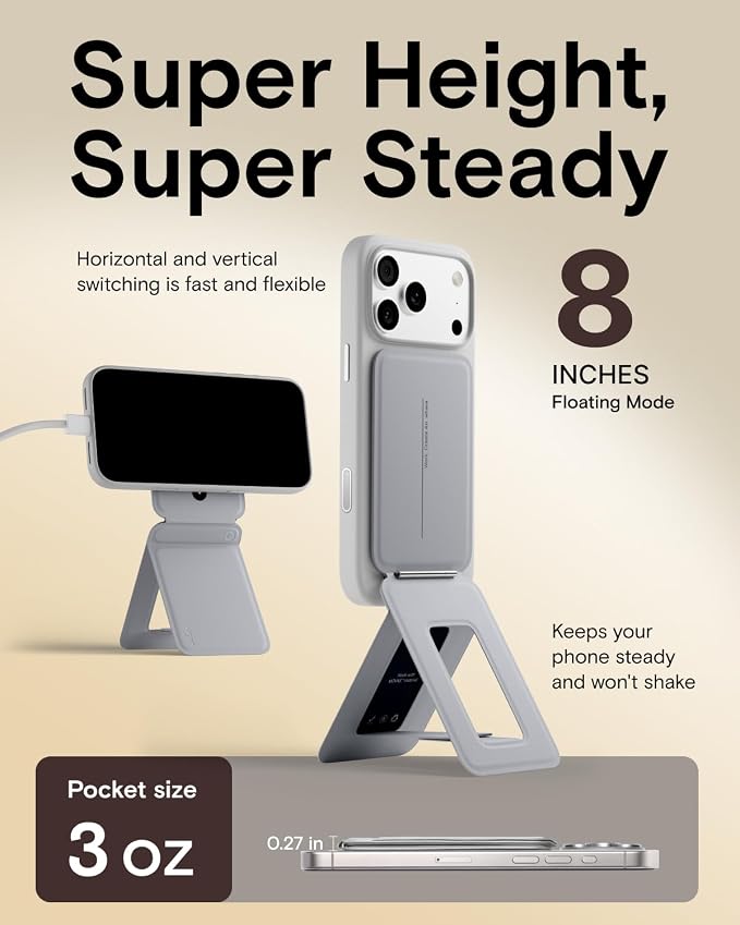 MOFT Phone Stand, Magnetic Phone Tripod Stand Stain-Resistant MOVAS Leather & Angle Adjustment & Strong Magnets Tripod for iPhone 17/16/15/14/13/12 (Included Metal Ring)-Cement