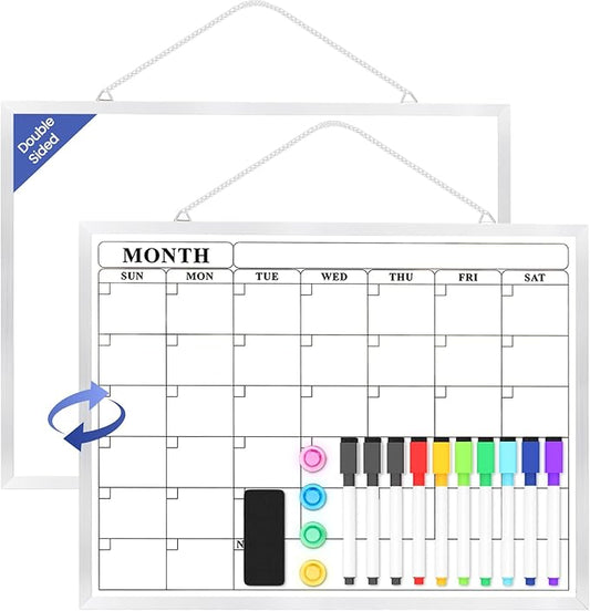 Monthly Calendar Dry Erase Board for Wall, 16"x12" Double-Sided Magnetic Calendar White Board with Hooks, Silver Aluminum Alloy Frame Hanging Whiteboard for Office, Home, School