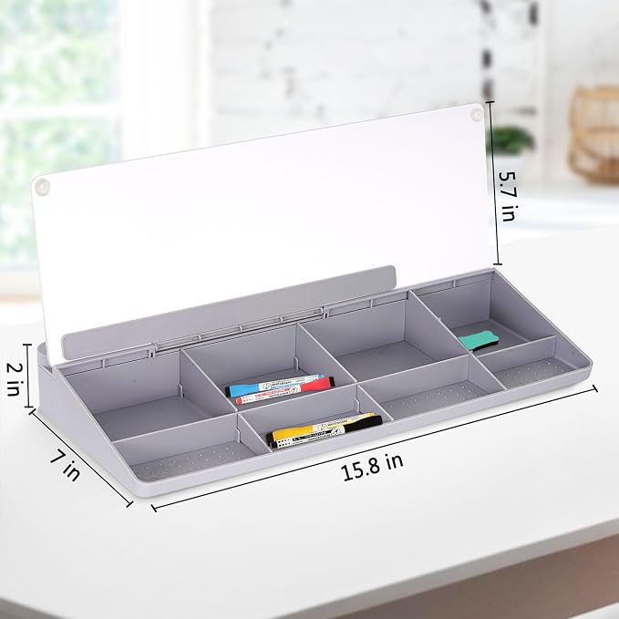 DOLLAR BOSS Glass Desk Whiteboard Small Dry Erase Board, Grey | Desktop White Board with Storage Drawer, Computer Keyboard Stand, Desk Organizer, Office Supplies, With Markers, Eraser