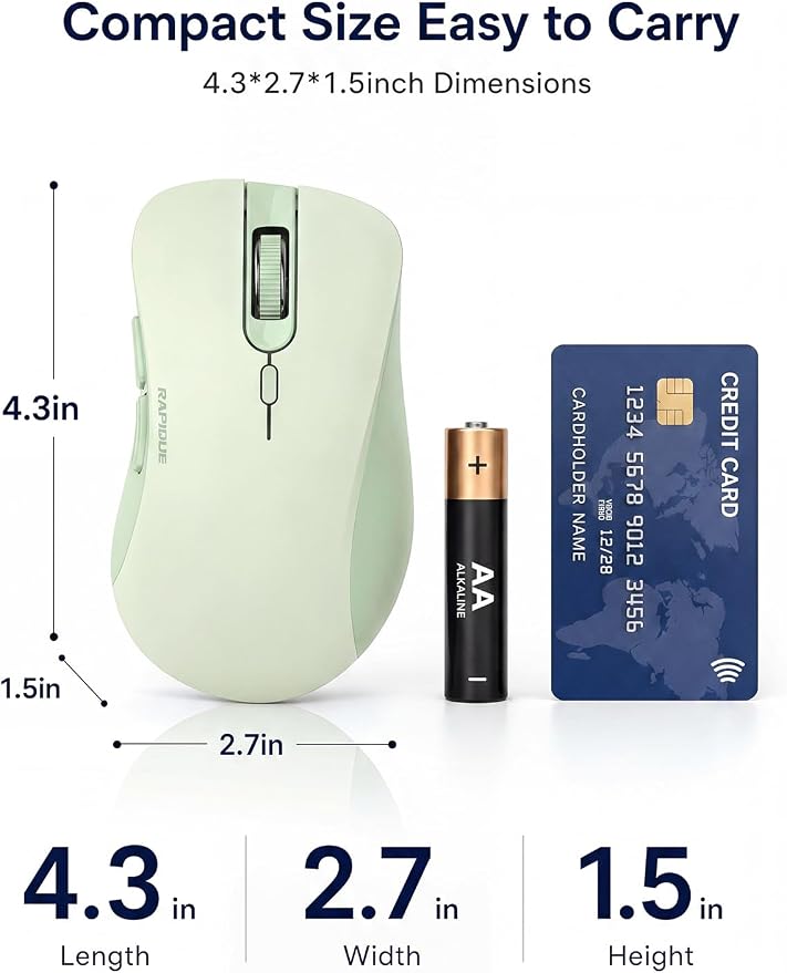 RAPIQUE Bluetooth Wireless Mouse, Dual Bluetooth & 2.4GHz, Sage Green | Right-Hand Ergonomic Grip, Quiet Clicks, Low Power, 3-device Switching, 6-button USB receiver for MacBook, Laptop, Computer