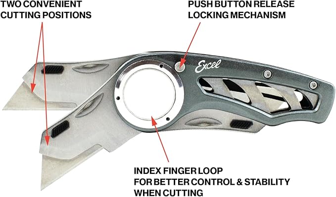 Excel Blades Revo Folding Utility Knife – Heavy-Duty Box Cutter with Aluminum Body, Quick-Change #92 Blades, 3 Lock Positions Design, Anti-Slip Finger Loop Grip, Holster Included – Grey