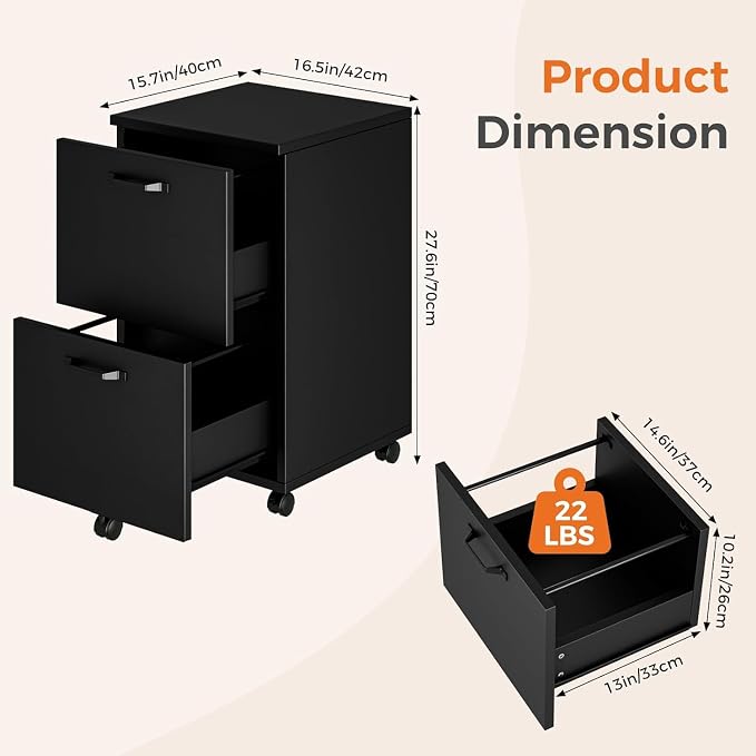 2 Drawer Filing Cabinet, Wood Rolling Filing Cabinets with Printer Stand, Under Desk Storage Lockable Wheels, Home Office Organizer for A4 Letter Legal Size Documents,Black