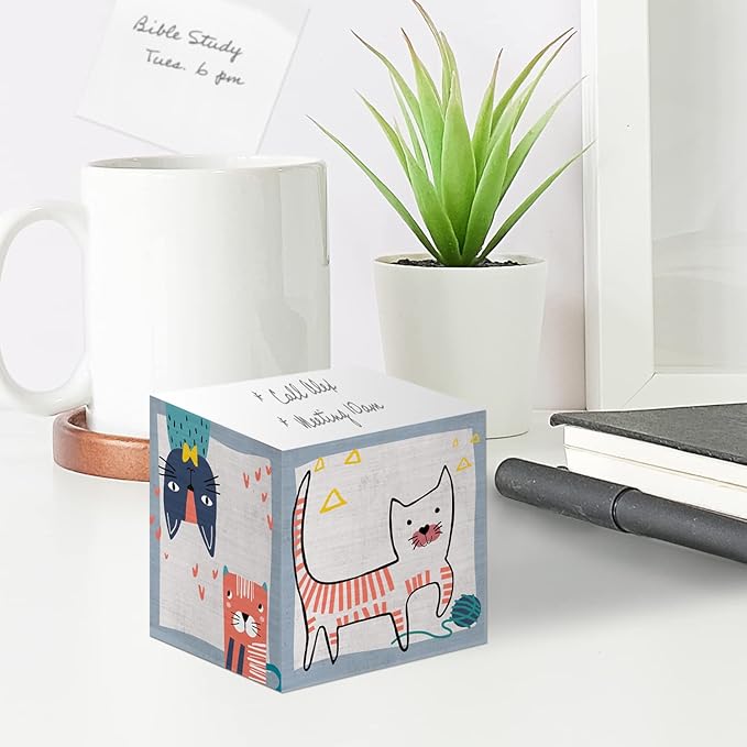 Whimsical Cats Sticky Note Cube / 600 Sheets / 2.75" Memo Block Printed on 4 Sides/Different Feline Design On Each Side/Cat Lover Note Cube