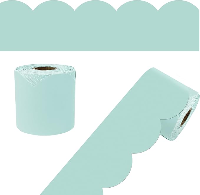 Carson Dellosa 65Ft of Sea Glass Green Bulletin Board Borders, 1 Roll of Pastel Scalloped Trim for Rolling Whiteboard, Cork and Posterboard, Party, Easter, Spring Decorations, and Classroom Decor
