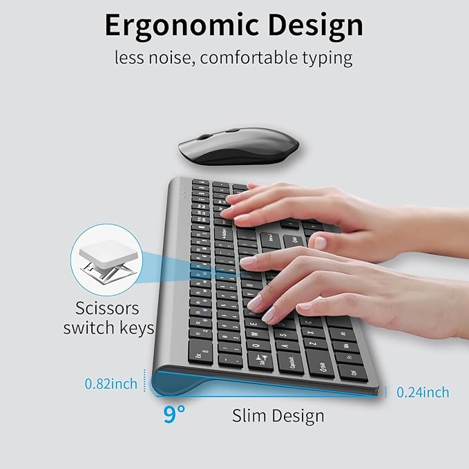Slim Silent Full Size Wireless Keyboard Mouse Combo Grey2 Pack | With calculator key, 2400 DPI quiet mouse, USB cordless set, compatible with Windows, Mac, Laptop & PC