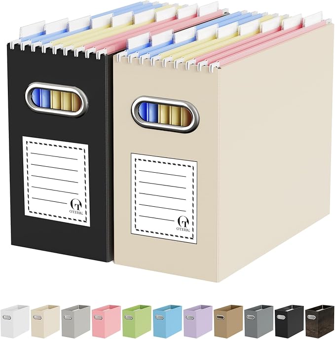 Portable Collapsible Cardboard File Box with Handle for Letter-Size | 2-Pack. Stainless Steel Handle. Label Stickers Included. Fits Letter Folders (Not Included). Home, Office, School, Dorm, Tax.