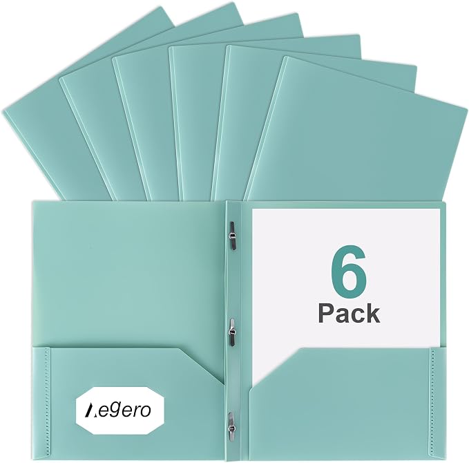 Folders with Pockets and Prong with Fasteners (6 Pack, Grey Green) | Durable Plastic Pocket Folders with Prongs,Tear Resistant,2 Pocket 3 Prong Folders for Schoolwork & Office,Letter Size