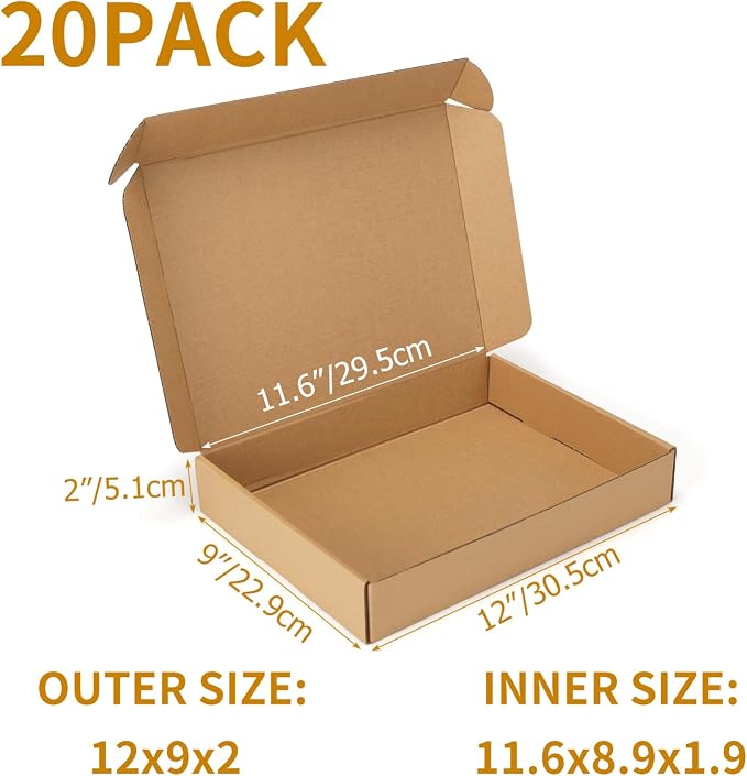 PHAREGE 20 Pack 12x9x2 inch Cardboard Shipping Boxes, Brown Mailing Box | Tuck Top, Quick Fold, Easy Assemble, Shape Well, Single Corrugated, DIY Cardboard, Shirt, Scarf, Book, Business Packaging