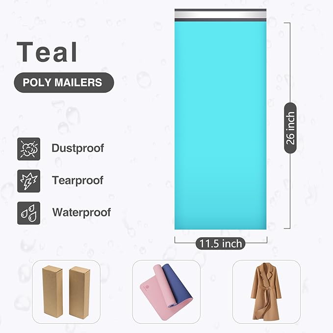 UCGOU 11.5x26 Long Poly Mailers Teal Shipping Bags Self-Sealing Waterproof and Tear-Proof Shipping Envelope for Small Business Unique Items 50 Pack