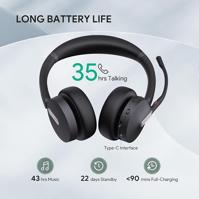 Yealink BH70 UC Wireless Bluetooth Headset with AI Microphone Flip-to-Mute | Teams Certified & Cisco Zoom Google 100+ UC Compatible, for Open Office/ WFH/ Call Center, 35h Talk Battery, USB dongle C/A