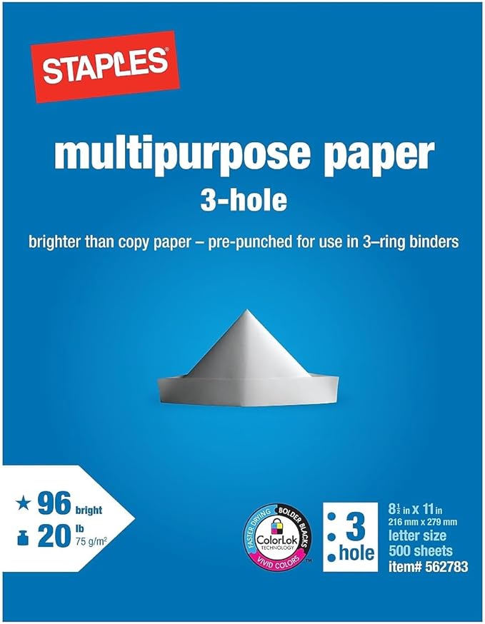 Staples Multipurpose Paper, 8 1/2 x 11, 3-Hole Punched, Ream, for Office, School & Home