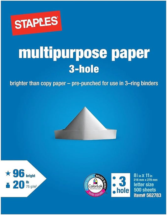 Staples Multipurpose Paper, 8 1/2 x 11, 3-Hole Punched, Ream, for Office, School & Home