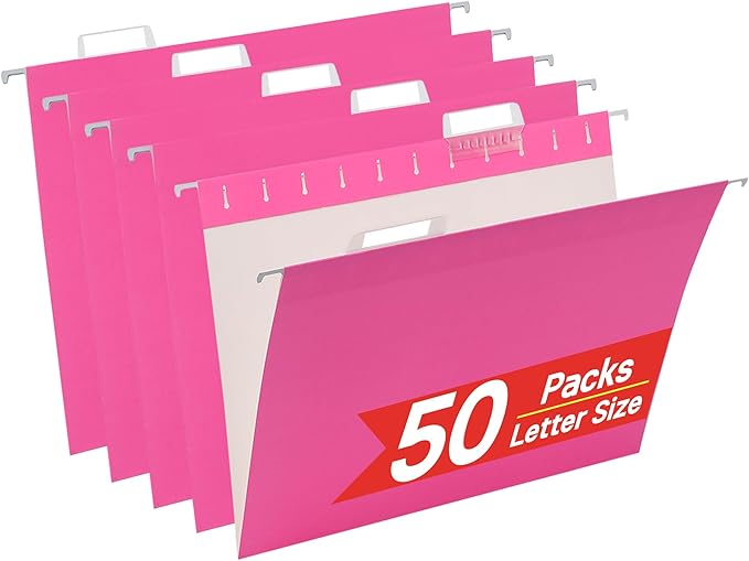 50 Pack Hanging File Folders,Letter Size File Folder,Pink Hanging Folders for Filing Cabinet,Reinforced Rods for Smooth Gliding,Includes 1/5 Adjustable Tabs & Inserts,Ideal for Home & Office