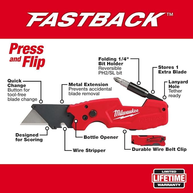 Milwaukee FASTBACK Compact Knife, and FASTBACK 6-in-1 Folding Utility Knives, w/Blade (knife 2pack) Red-black