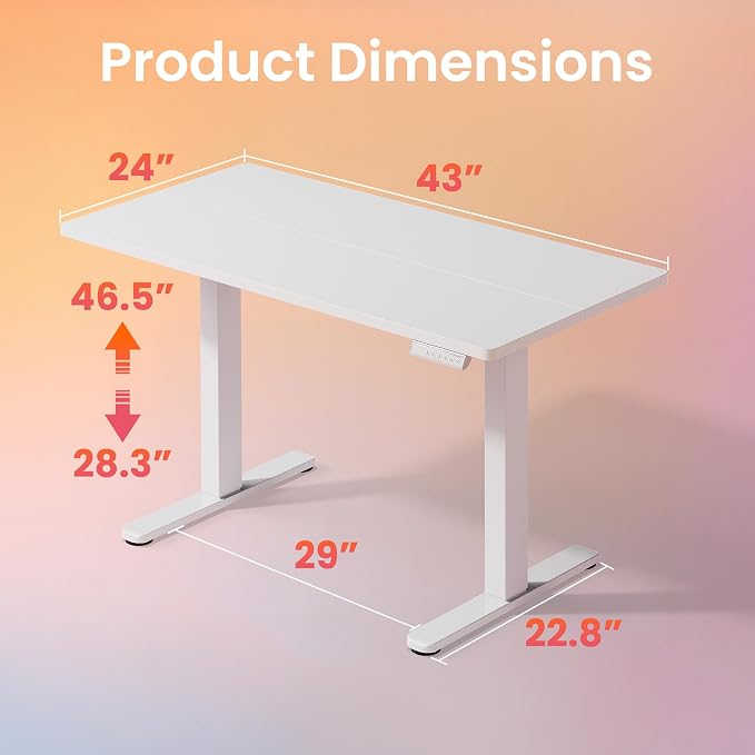 HUANUO 43x24 Inch Electric Standing Desk, Height Adjustable, White | 176 Lbs Capacity, Smooth Home Office Desk, 4 Memory Presets & Headphone Hooks, 28.3–46.5 Inch Height Range, Easy to assemble
