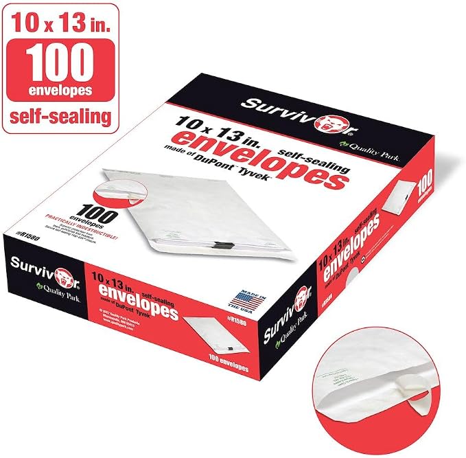 Quality Park Tyvek Envelopes,Large 10x13 Mailers,Easy-to-Open Tamper Evident Pull Strip,Rip,Puncture&Water Resistant Self Sealing Mailing Envelopes for Lightweight Shipping,White,100 Count (Pack of 5)