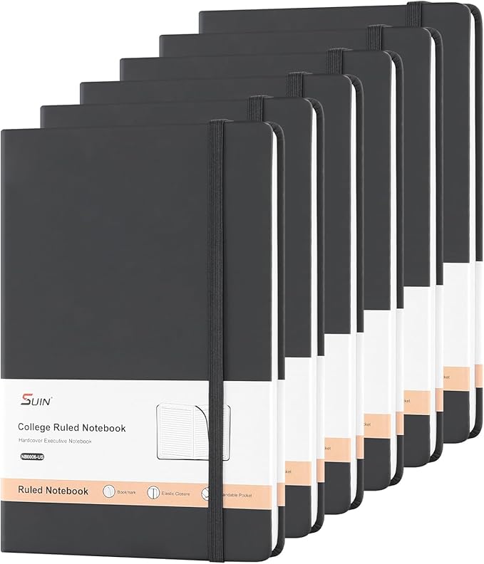 Hardcover-Journal-Notebooks, A5 Lined Journals Notebook for Writing 200 Pages, 8.2 x 5.5 inch, Classic Ruled Notebooks for Work/Travel/College (Black - 6 Pack)