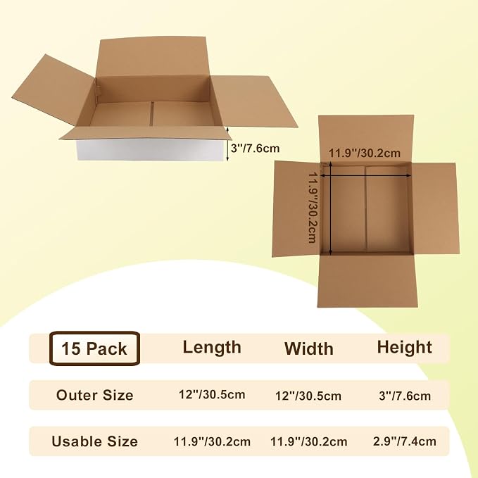 WIFTREY 12x12x3 inches White Shipping Boxes Pack of 15, Corrugated Cardboard Boxes 12 x 12 x 3 for Packaging Small Business, Moving, Mailing
