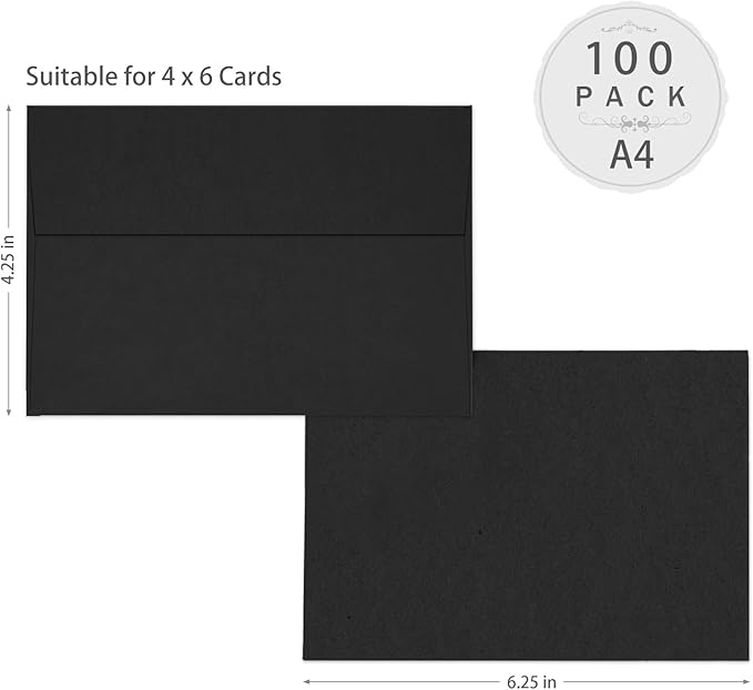 100 Pack A4 Black Envelopes 4x6 Self Seal, Goefun 120 GSM Printable 4.25 x 6.25 Black Invitation Envelopes for 4x6 Cards, Graduation, Wedding Invitations, Photos, Baby Shower, and Various Holidays