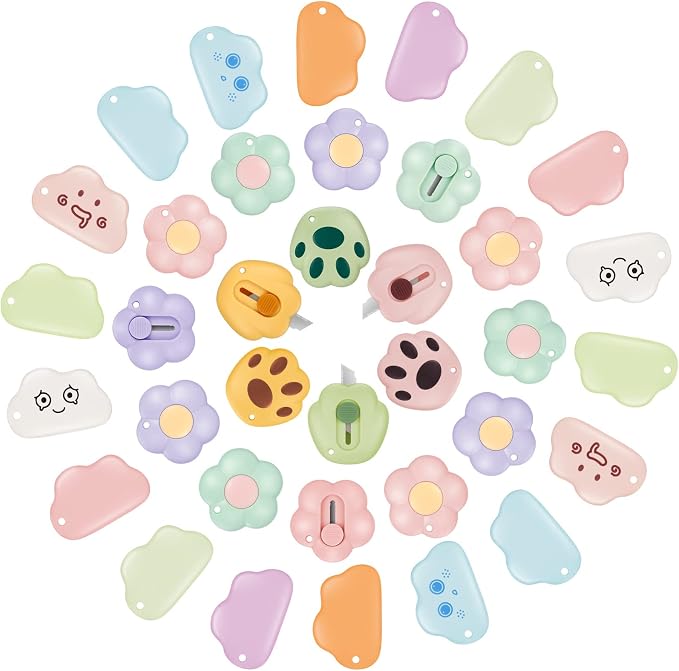 Jspupifip 36 Pcs Mini Retractable Box Cutter, Art Utility Knives Portable | Bear Claw Mini Flower Cloud Shaped Plastic Small Letter Opener Slide Open for Envelopes Cutting DIY Crafts Multi-color
