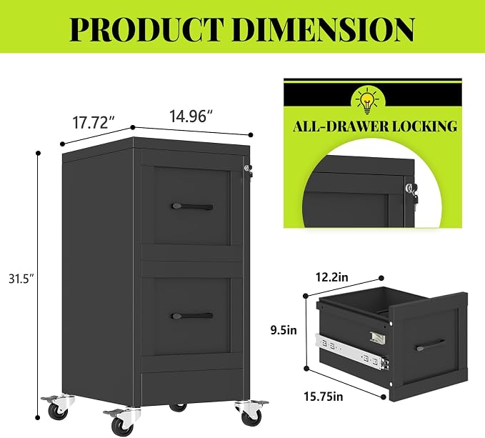 2-Drawer Rolling Metal File Cabinet with Lock, Narrow, Black | Mobile metal filing cabinet with casters; rails fit Letter, Legal and A4 folders, one lock secures both drawers
