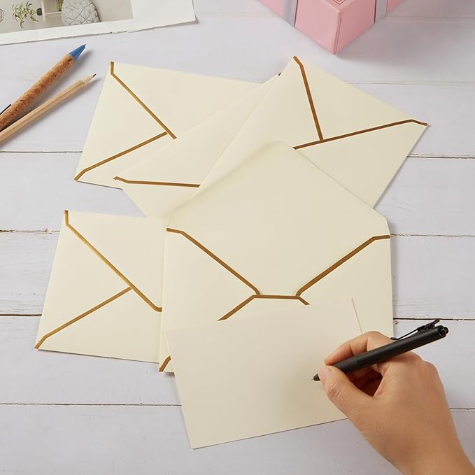 50 Pieces A7 Envelopes with Gold Border, 5.24 x 7.21 Inches Envelopes with Gold Stickers for Greeting Cards and Invitation (Cream Color, A7-5x7)
