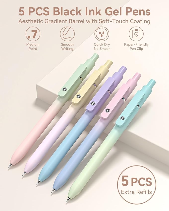 Four Candies School Supplies with Cute Pencil Case, 39ct, Cream | Back to School Stationery Set, Essentials for College & Nursing Students, 5 Gel Pens, 6 Mechanical Pencils, 12 Highlighters