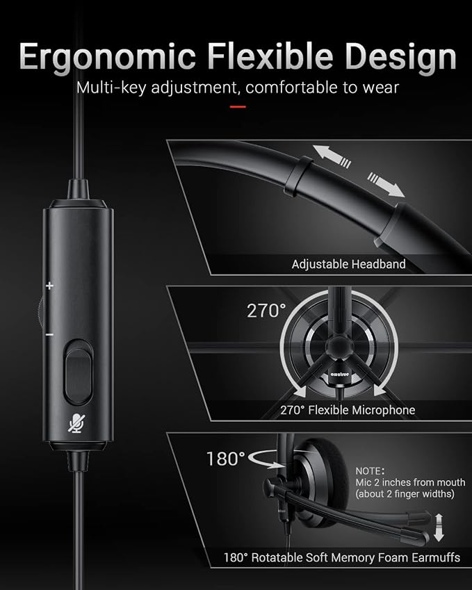 awatrue Wired Headset with Microphone for PC Laptop - 3.5mm Jack On Ear Headphones with Noise Cancelling Microphone for Boom Skype Webinars, in-line Control,Comfortable