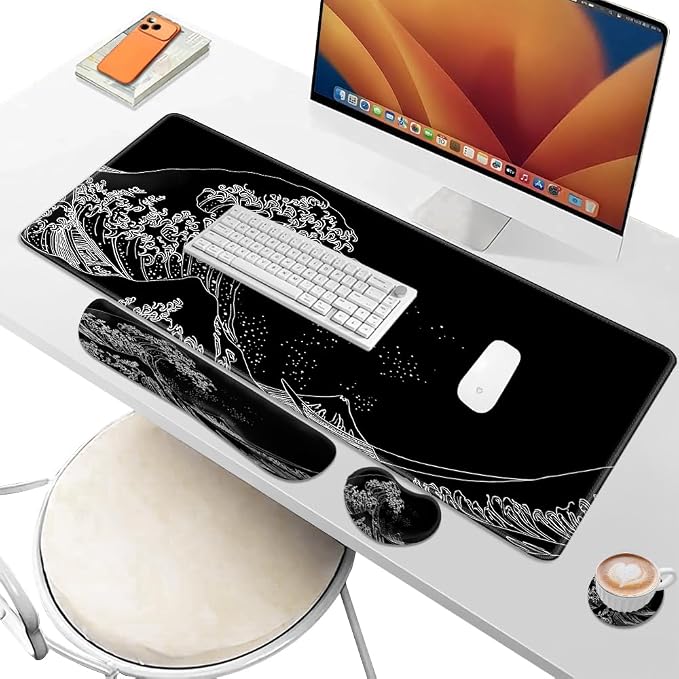 Desk Pad and Keyboard Wrist Rest, Large Mouse Pad + Keyboard Pad+Mouse Wrist Support, Non-Slip Desk Mat Protector for Office, Home 31.5×11.8 Inches Wave