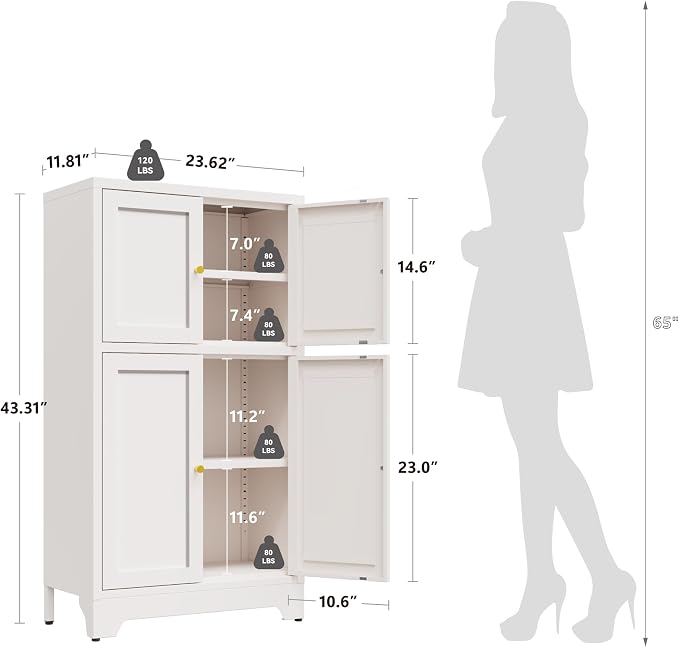 YAUWOH White Bathroom Floor Cabinet, Metal Storage Cabinet with 2 Adjustable Shelves & 4 Doors,Freestanding Sideboard for Dining Room,Living Room, Home Office