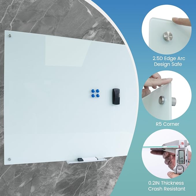 Magnetic Glass Writeboard Tempered Glass Dry Erase Boards Wall Mounted Frameless Whiteboard Bulletin Message Boards (White, 72" Wx36 H)