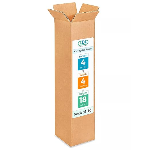 IDL Packaging B-4418-10 Tall Corrugated Shipping Boxes 4"L x 4”W x 18"H (Pack of 10) - Excellent Choice of Strong Packing Boxes for USPS, UPS, FedEx Shipping | Extra Strength 200 lb vs Regular - Corrugated Moving Boxes for USPS/UPS/FEDEX - Cardboard Bo...